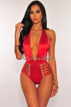 Red Halter Gold Button Strappy Sides Swimsuit