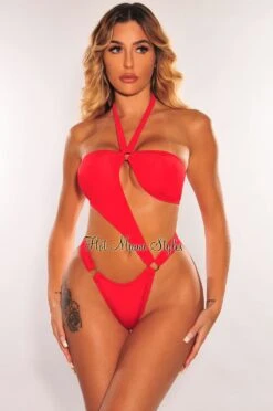 Red Halter O Ring Cut Out Swimsuit