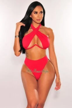 Red Halter Underwire CrissCross Tie Up Scrunch Butt Bikini