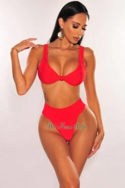 Red Knotted Sleeveless High Rise Bikini
