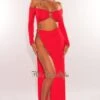Red Off Shoulder O-Ring Cut Out Long Sleeves Slit Maxi Dress -rehab shop red off shoulder o ring cut out long sleeves slit maxi dress hot miami styles 463355