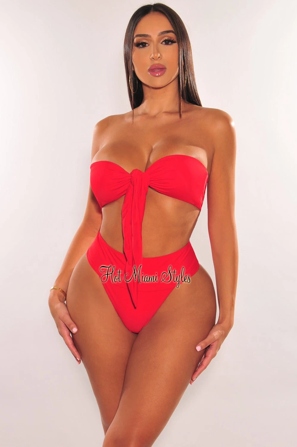 Red Padded Bandeau Tie Up High Rise Bikini 3 Red Padded Bandeau Tie Up High Rise Bikini