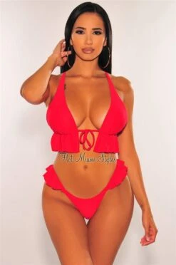 Red Padded Tie Up Ruffle Scrunch Butt Bikini