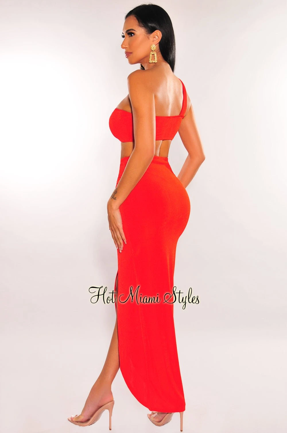 Red Ribbed One Shoulder Slit Knotted Skirt Two Piece Set 4 Red Ribbed One Shoulder Slit Knotted Skirt Two Piece Set - Image 2