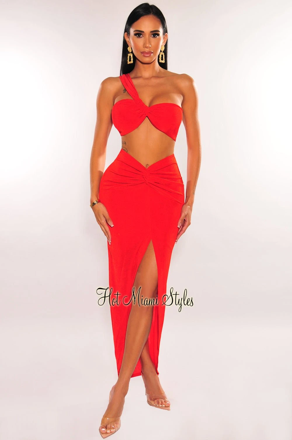 Red Ribbed One Shoulder Slit Knotted Skirt Two Piece Set 3 Red Ribbed One Shoulder Slit Knotted Skirt Two Piece Set