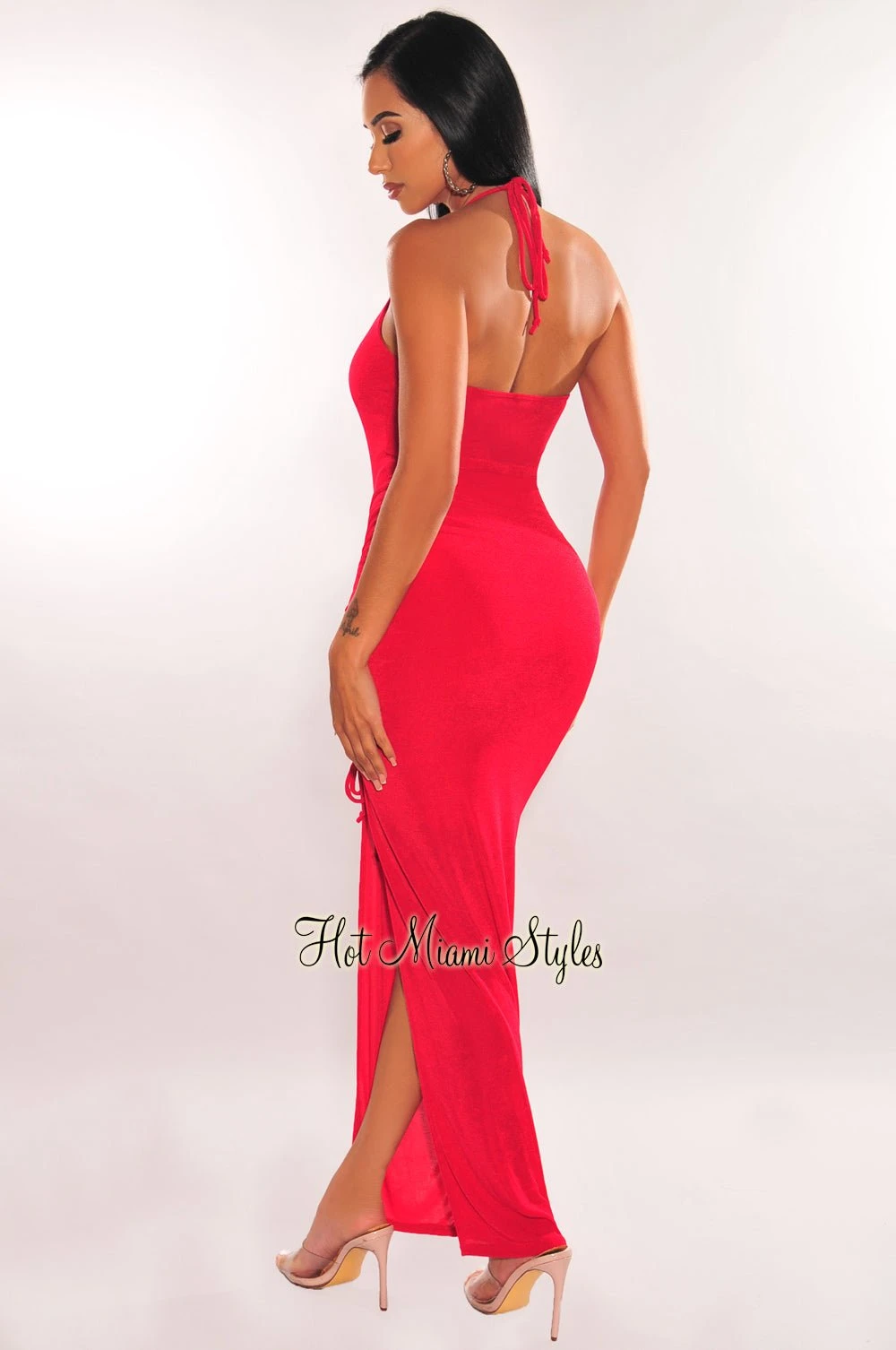 Red Ribbed Shimmery Halter Drawstring Slit Maxi Dress 4 Red Ribbed Shimmery Halter Drawstring Slit Maxi Dress - Image 2