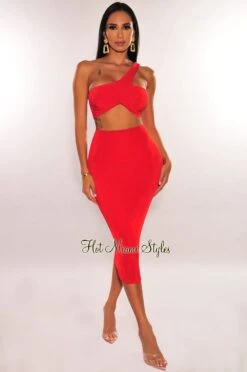 Red Ribbed Shimmery One Shoulder Ruched Back Skirt Two Piece Set