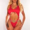 Red Ribbed Shimmery Sleeveless O Ring Racerback Swimsuit
