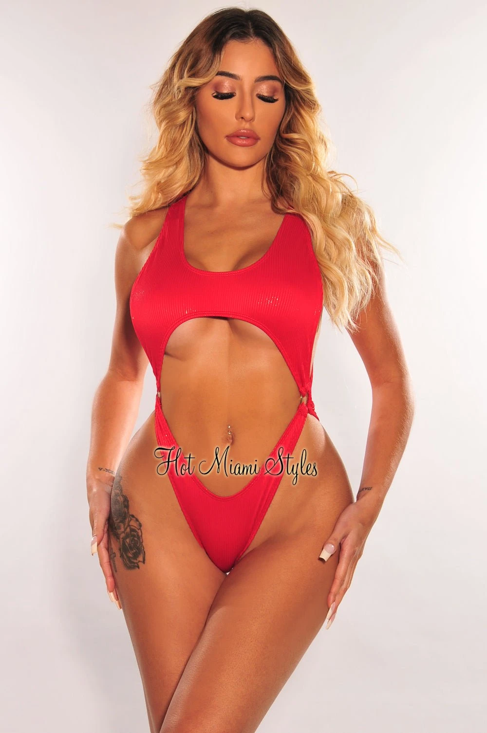 Red Ribbed Shimmery Sleeveless O Ring Racerback Swimsuit 3 Red Ribbed Shimmery Sleeveless O Ring Racerback Swimsuit