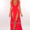 Red Sleeveless V Neck Double Slit Cover Up Maxi Dress -rehab shop red sleeveless v neck double slit cover up maxi dress hot miami styles 106185