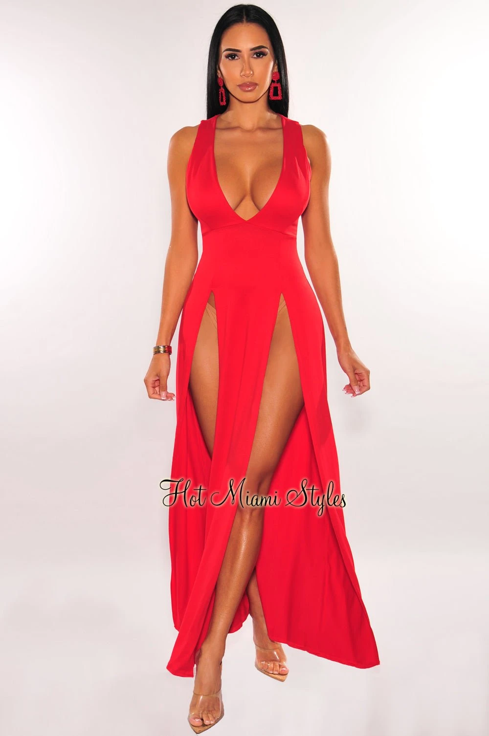Red Sleeveless V Neck Double Slit Cover Up Maxi Dress 3 Red Sleeveless V Neck Double Slit Cover Up Maxi Dress
