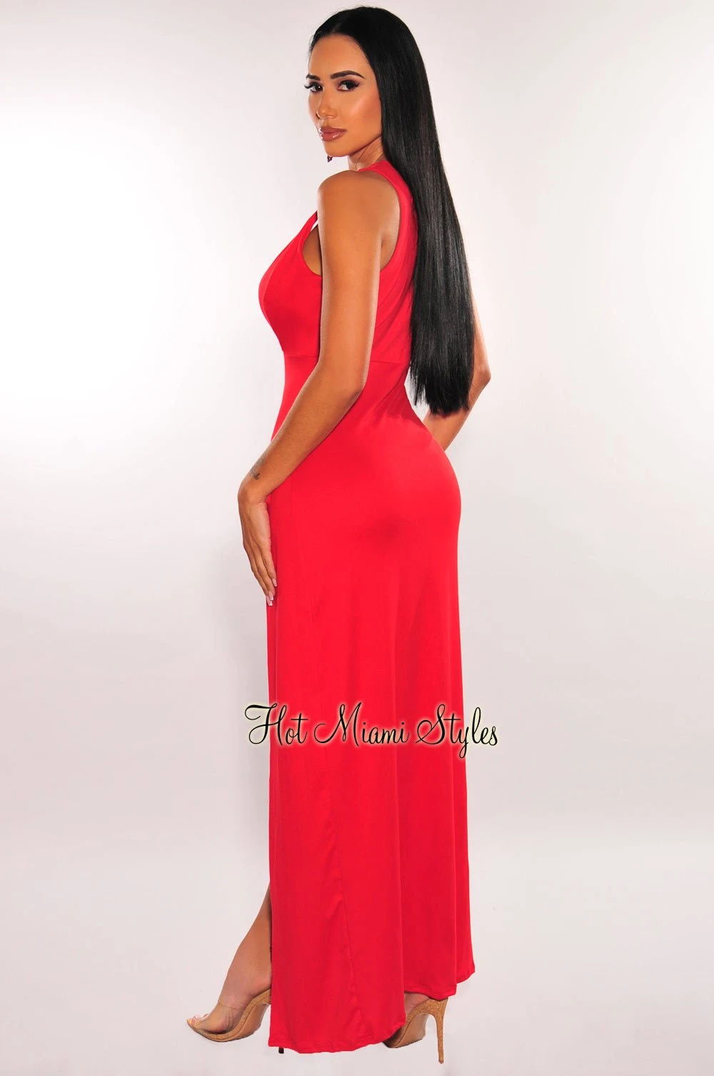 Red Sleeveless V Neck Double Slit Cover Up Maxi Dress 4 Red Sleeveless V Neck Double Slit Cover Up Maxi Dress - Image 2