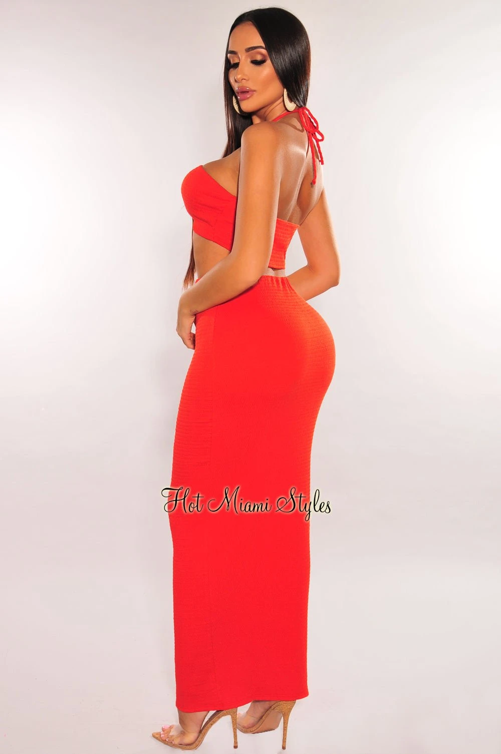 Red Smocked Halter Ruched High Waist Skirt Two Piece Set 4 Red Smocked Halter Ruched High Waist Skirt Two Piece Set - Image 2