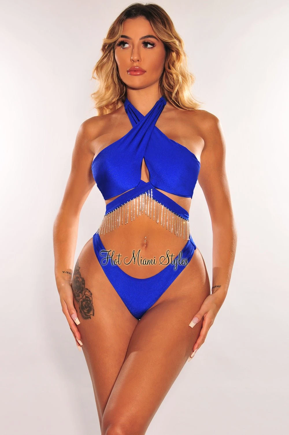 Royal Blue CrissCross Fringe Rhinestone Wrap Around Scrunch Butt Bikini 3 Royal Blue CrissCross Fringe Rhinestone Wrap Around Scrunch Butt Bikini