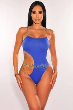 Royal Blue Gold Chain Straps Cut Out High Rise Swimsuit