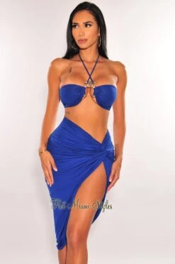 Royal Blue Gold Ring Halter Knotted Slit Skirt Two Piece Set