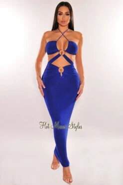 Royal Blue Gold Ring Halter Strappy Cut Out Maxi Dress