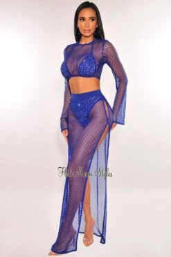 Royal Blue Rhinestone Triangle Top Net Long Sleeve Double Slit Skirt Set
