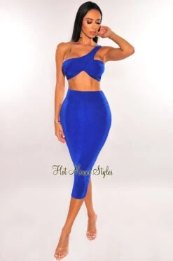 Royal Blue Ribbed Shimmery One Shoulder Ruched Back Skirt Two Piece Set