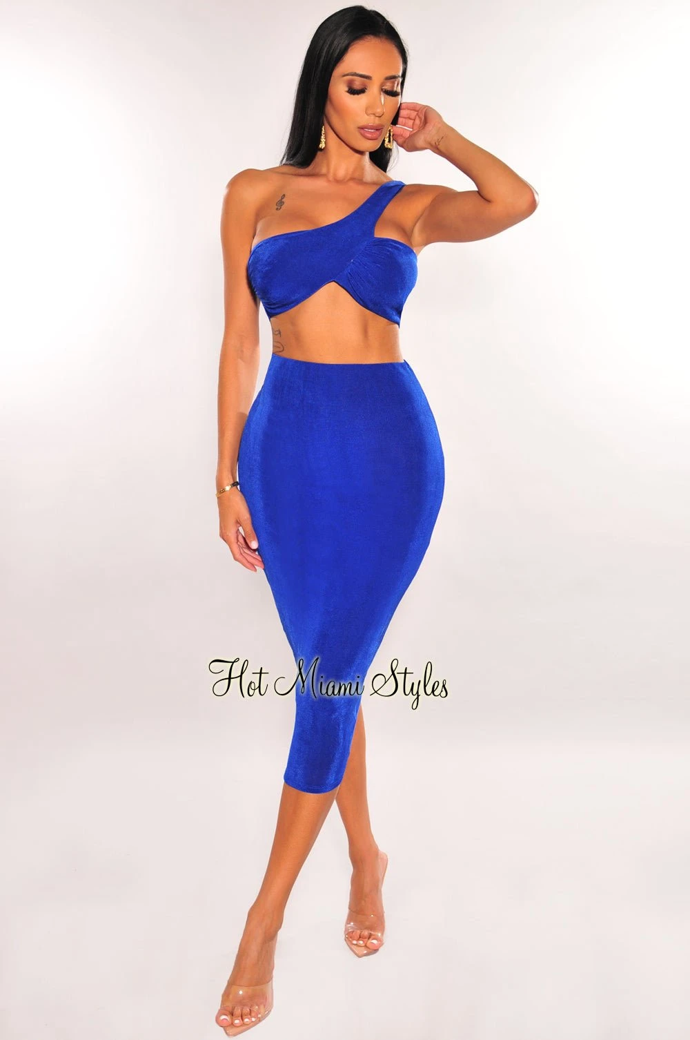 Royal Blue Ribbed Shimmery One Shoulder Ruched Back Skirt Two Piece Set 3 Royal Blue Ribbed Shimmery One Shoulder Ruched Back Skirt Two Piece Set