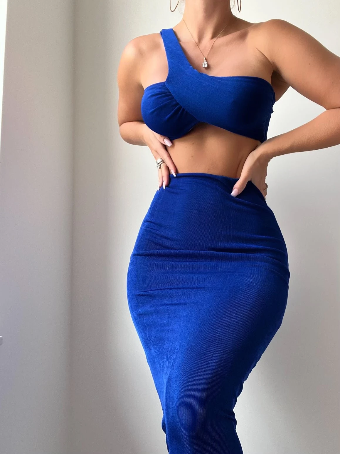 Royal Blue Ribbed Shimmery One Shoulder Ruched Back Skirt Two Piece Set 5 Royal Blue Ribbed Shimmery One Shoulder Ruched Back Skirt Two Piece Set - Image 3