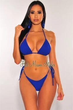 Royal Blue Ribbed Triangle Adjustable Thong Bikini