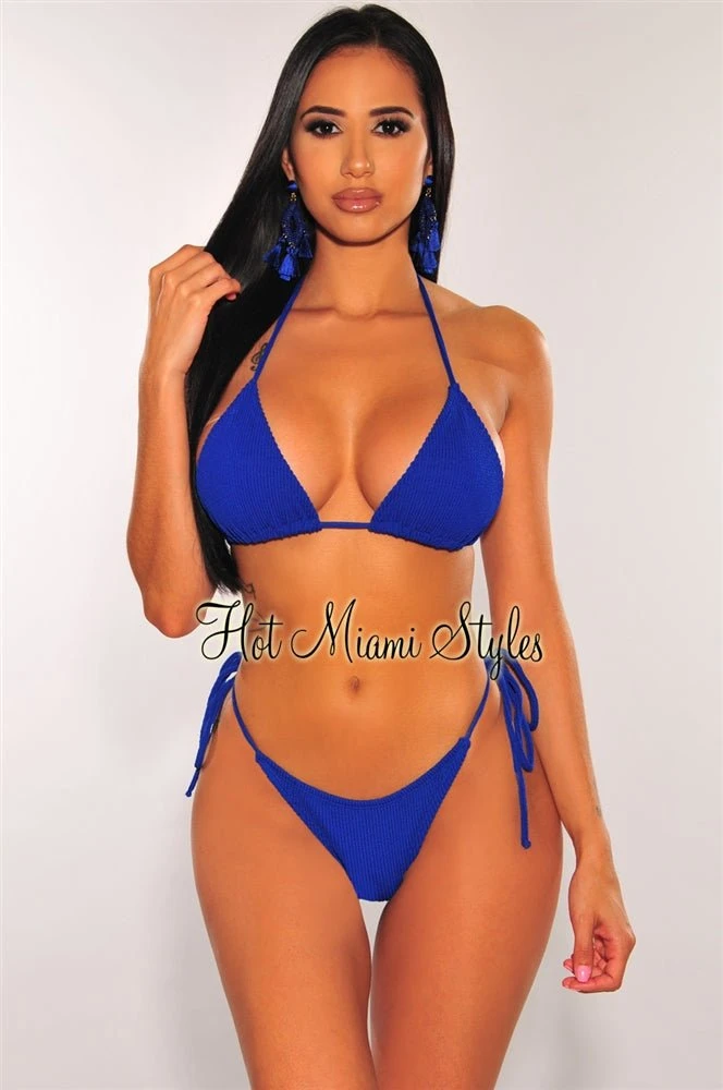 Royal Blue Ribbed Triangle Adjustable Thong Bikini 3 Royal Blue Ribbed Triangle Adjustable Thong Bikini