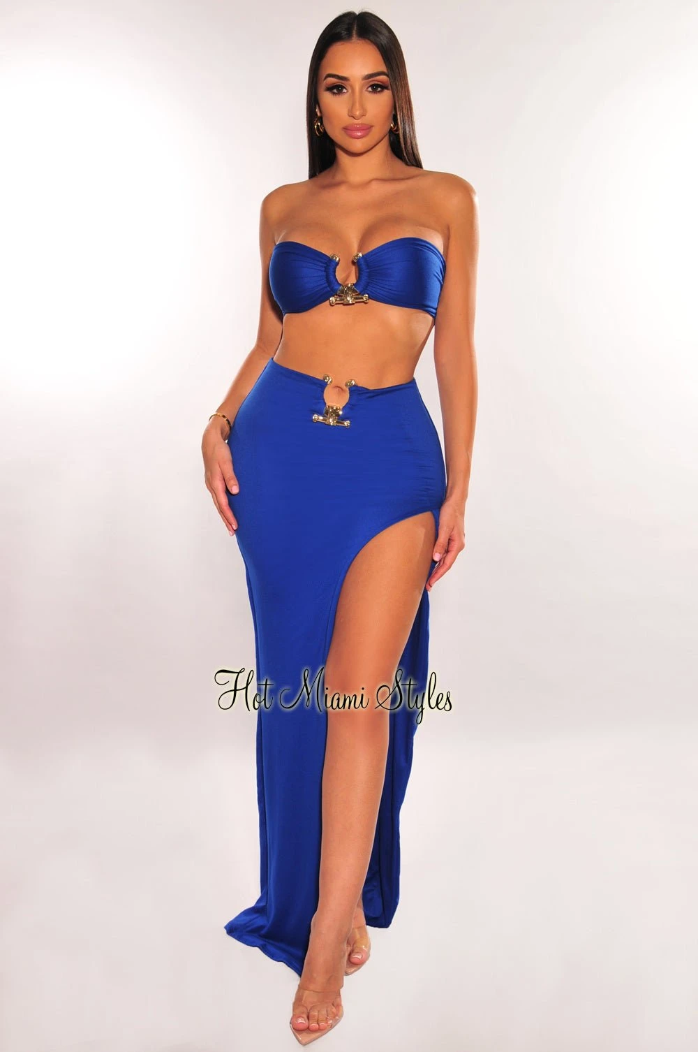 Royal Blue Strapless Tie Up Gold Ring Slit Skirt Two Piece Set 3 Royal Blue Strapless Tie Up Gold Ring Slit Skirt Two Piece Set