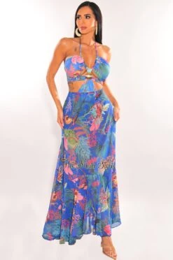 Royal Blue Tropical Print Padded Cut Out Mermaid Maxi Dress