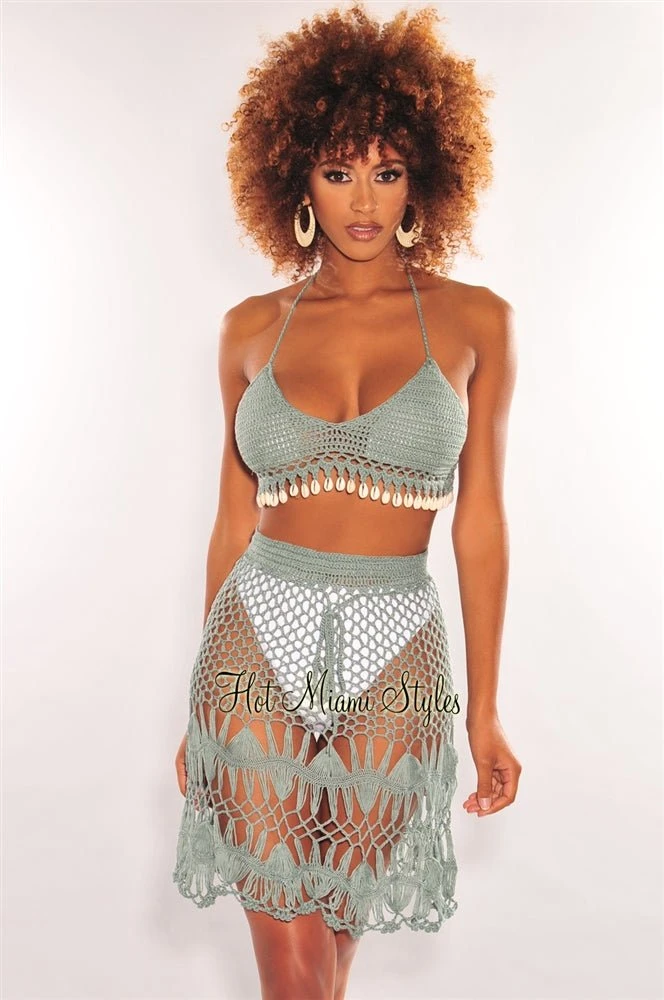 Sage Crochet Halter Cowrie Shells Skirt Two Piece Set Cover Up 3 Sage Crochet Halter Cowrie Shells Skirt Two Piece Set Cover Up