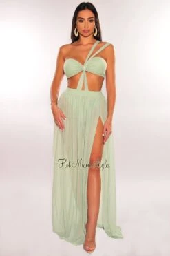 Rehab Sage One Shoulder Cut Out Strappy Slit Maxi Dress