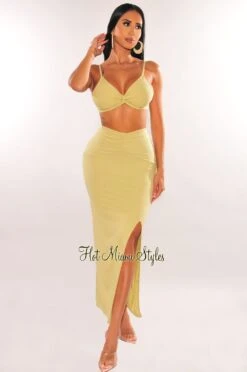 Sage Ribbed Spaghetti Straps Knotted Slit Skirt Two Piece Set