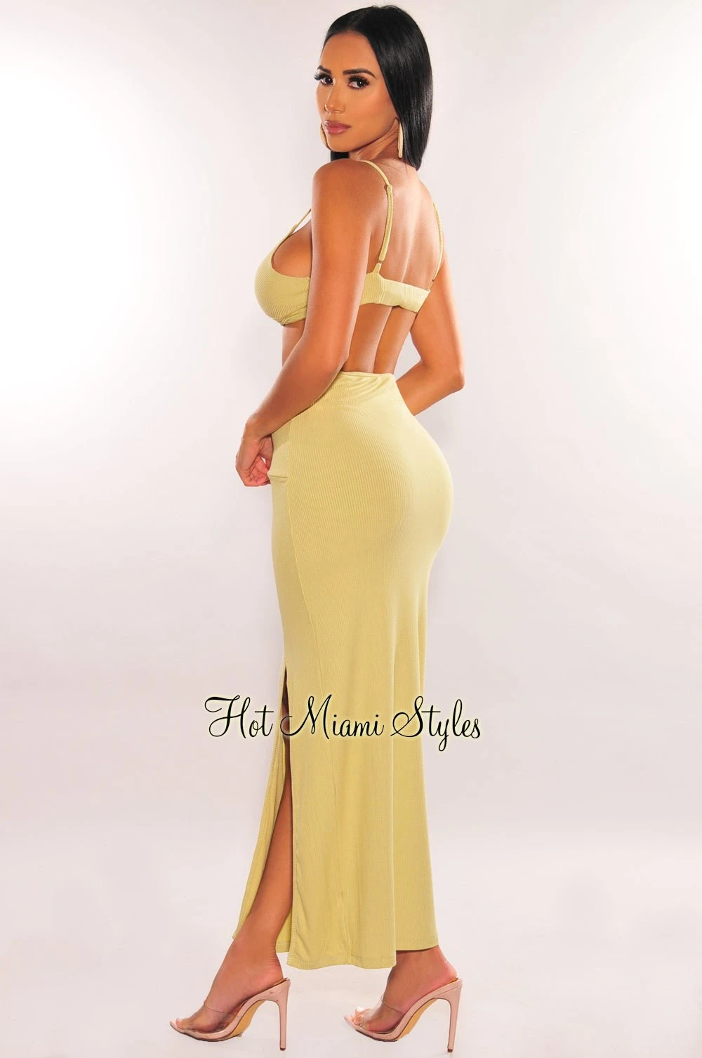 Sage Ribbed Spaghetti Straps Knotted Slit Skirt Two Piece Set 3 Sage Ribbed Spaghetti Straps Knotted Slit Skirt Two Piece Set - Image 2