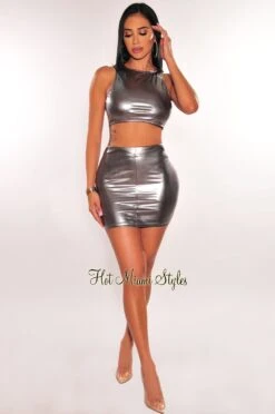 Silver Chrome Metallic Sleeveless Mini Skirt Two Piece Set -rehab shop silver chrome metallic sleeveless mini skirt two piece set hot miami styles 189145