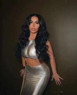 Silver Metallic Ruched Sleeveless Double Slit Skirt Two Piece Set -rehab shop silver metallic ruched sleeveless double slit skirt two piece set hot miami styles 842270