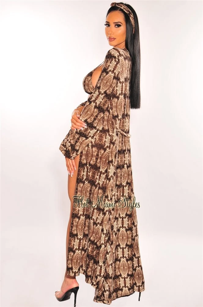 Snake Print Long Sleeves Belted Maxi Cover Up 5 Snake Print Long Sleeves Belted Maxi Cover Up - Image 3