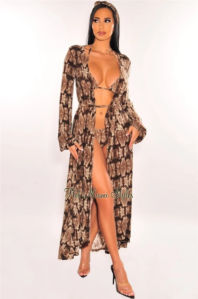 Snake Print Long Sleeves Belted Maxi Cover Up 3 Snake Print Long Sleeves Belted Maxi Cover Up