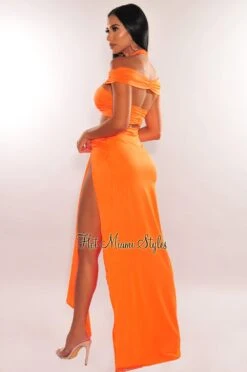 Tangerine Halter Off Shoulder O-Ring Strap Slit Skirt Two Piece Set -rehab shop tangerine halter off shoulder o ring strap slit skirt two piece set hot miami styles 209005