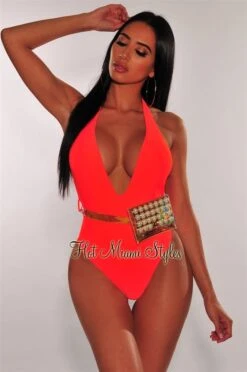 Tangerine Iridescent Pearl Fanny Pack Belted Swimsuit