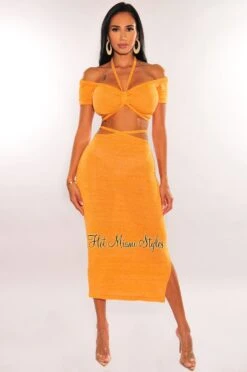 Tangerine Ribbed Knit Halter Off Shoulder Wrap Around Slit Skirt Two Piece Set