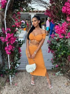 Tangerine Ribbed Knit Halter Off Shoulder Wrap Around Slit Skirt Two Piece Set -rehab shop tangerine ribbed knit halter off shoulder wrap around slit skirt two piece set hot miami styles 462751