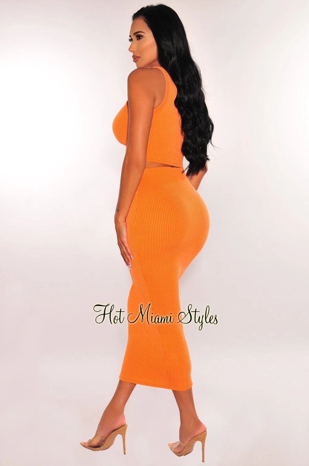 Tangerine Ribbed Racerback Skirt Two Piece Set 4 Tangerine Ribbed Racerback Skirt Two Piece Set - Image 2