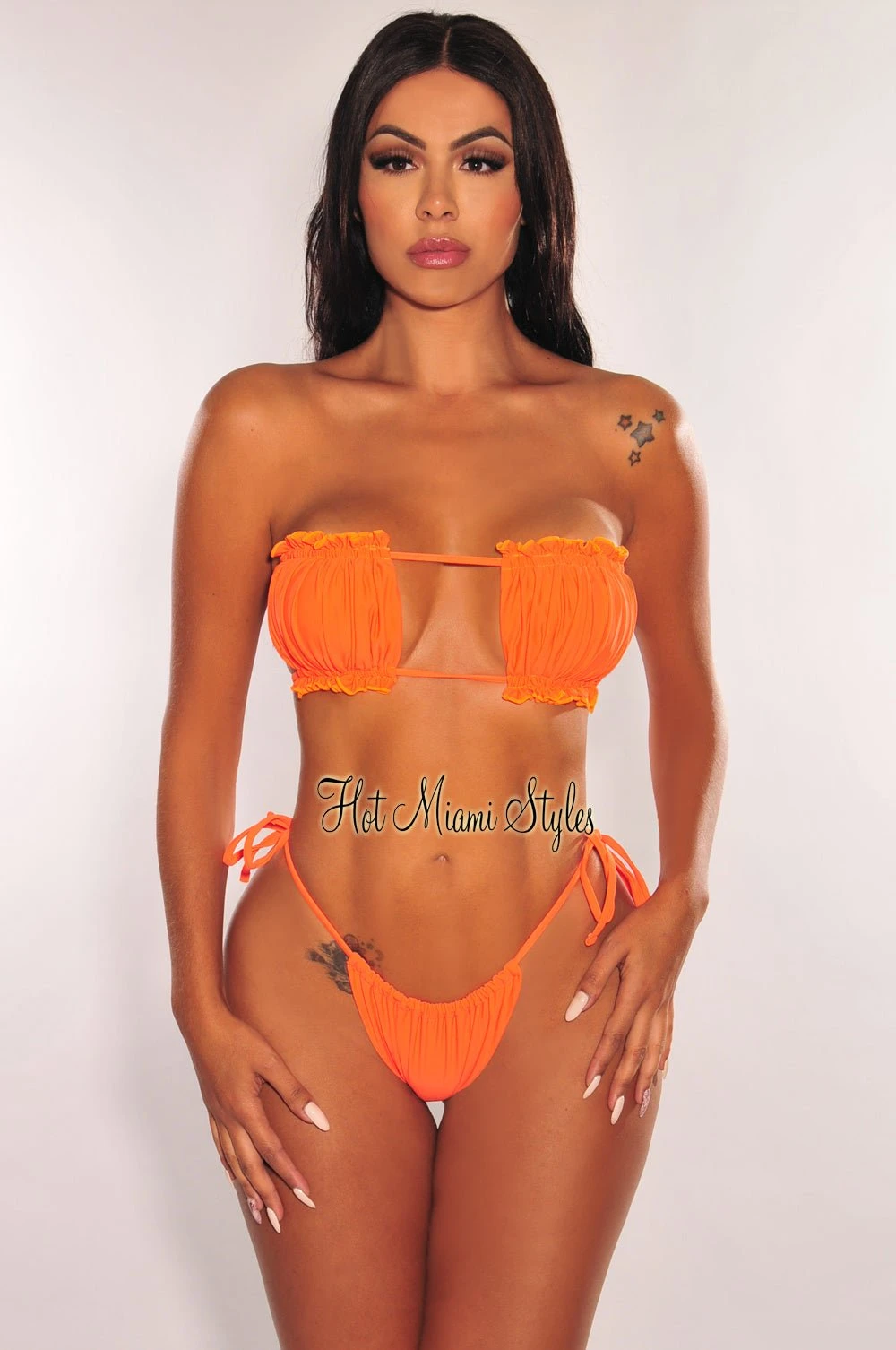 Tangerine Ruched Bust Frill Padded Bandeau Bikini 3 Tangerine Ruched Bust Frill Padded Bandeau Bikini
