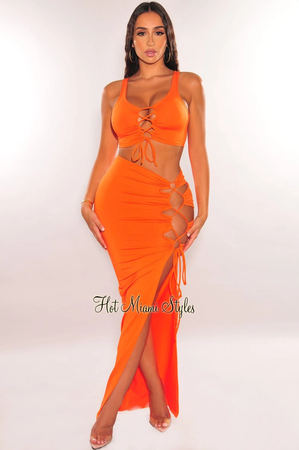 Tangerine Sleeveless Lace Up Slit Skirt Two Piece Set 3 Tangerine Sleeveless Lace Up Slit Skirt Two Piece Set