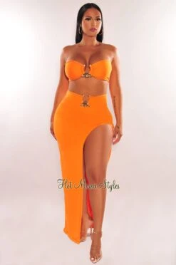 Tangerine Strapless Tie Up Gold Ring Slit Skirt Two Piece Set