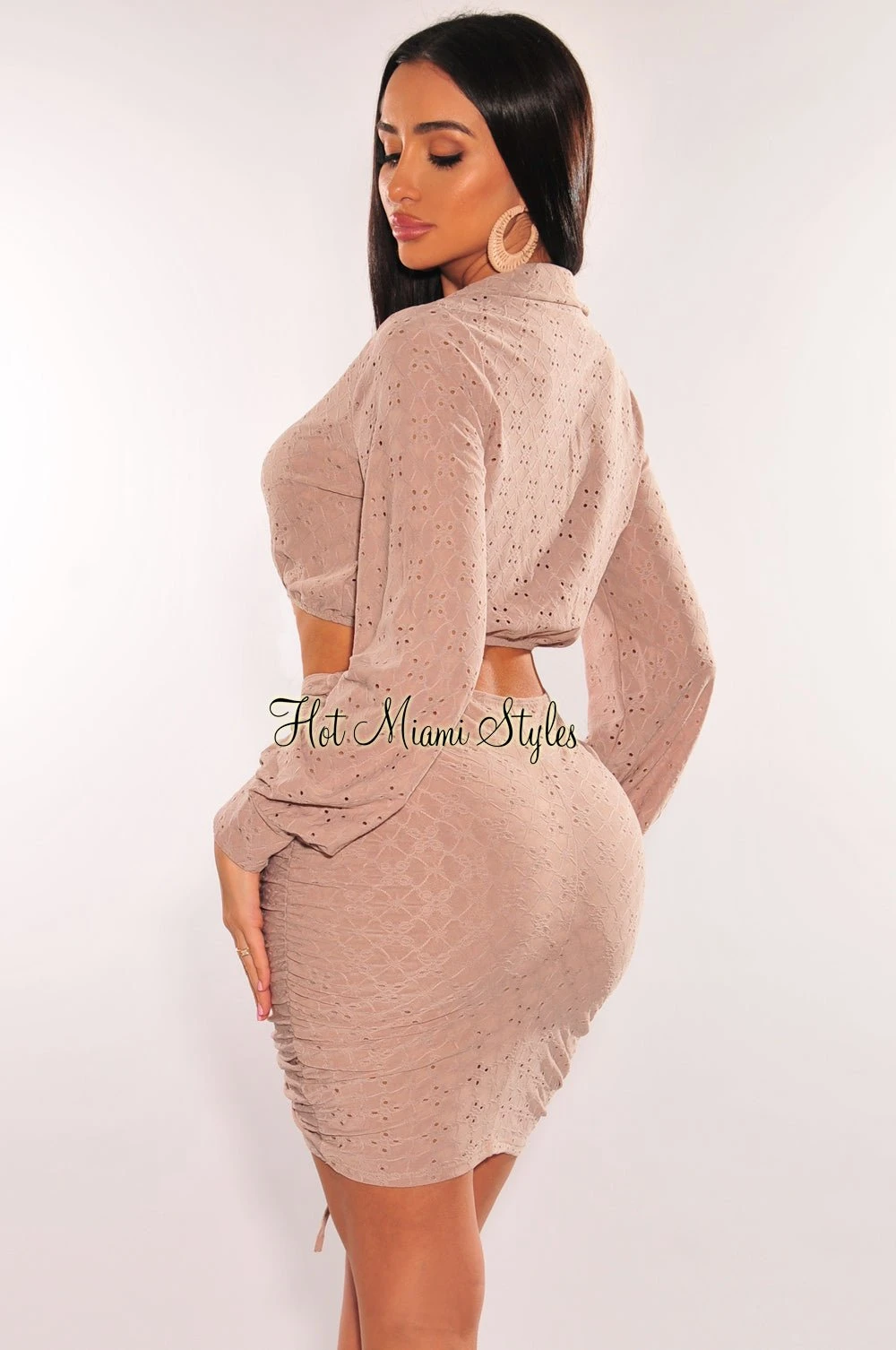 Taupe Eyelet Embroidery Collared Long Sleeve Ruched Skirt Two Piece Set 4 Taupe Eyelet Embroidery Collared Long Sleeve Ruched Skirt Two Piece Set - Image 2
