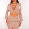 Taupe Eyelet Embroidery Collared Long Sleeve Ruched Skirt Two Piece Set -rehab shop taupe eyelet embroidery collared long sleeve ruched skirt two piece set hot miami styles 433390
