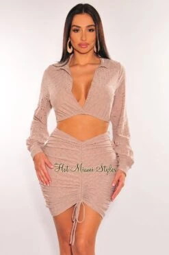 Taupe Eyelet Embroidery Collared Long Sleeve Ruched Skirt Two Piece Set