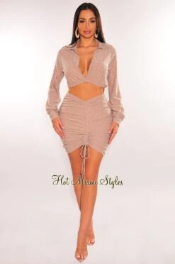 Taupe Eyelet Embroidery Collared Long Sleeve Ruched Skirt Two Piece Set 8 Taupe Eyelet Embroidery Collared Long Sleeve Ruched Skirt Two Piece Set -rehab shop taupe eyelet embroidery collared long sleeve ruched skirt two piece set hot miami styles 539165