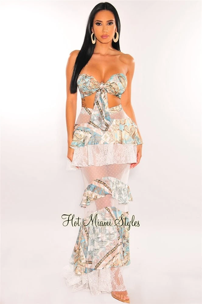 Teal Paisley Print Bandeau Padded Lace Ruffle Maxi Skirt Two Piece Set 3 Teal Paisley Print Bandeau Padded Lace Ruffle Maxi Skirt Two Piece Set